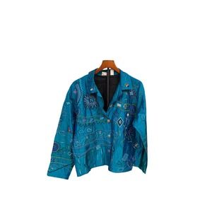 Chicos Design Silk Embroidered Jacket Teal Blue Boho Applique Button Front 3 XL